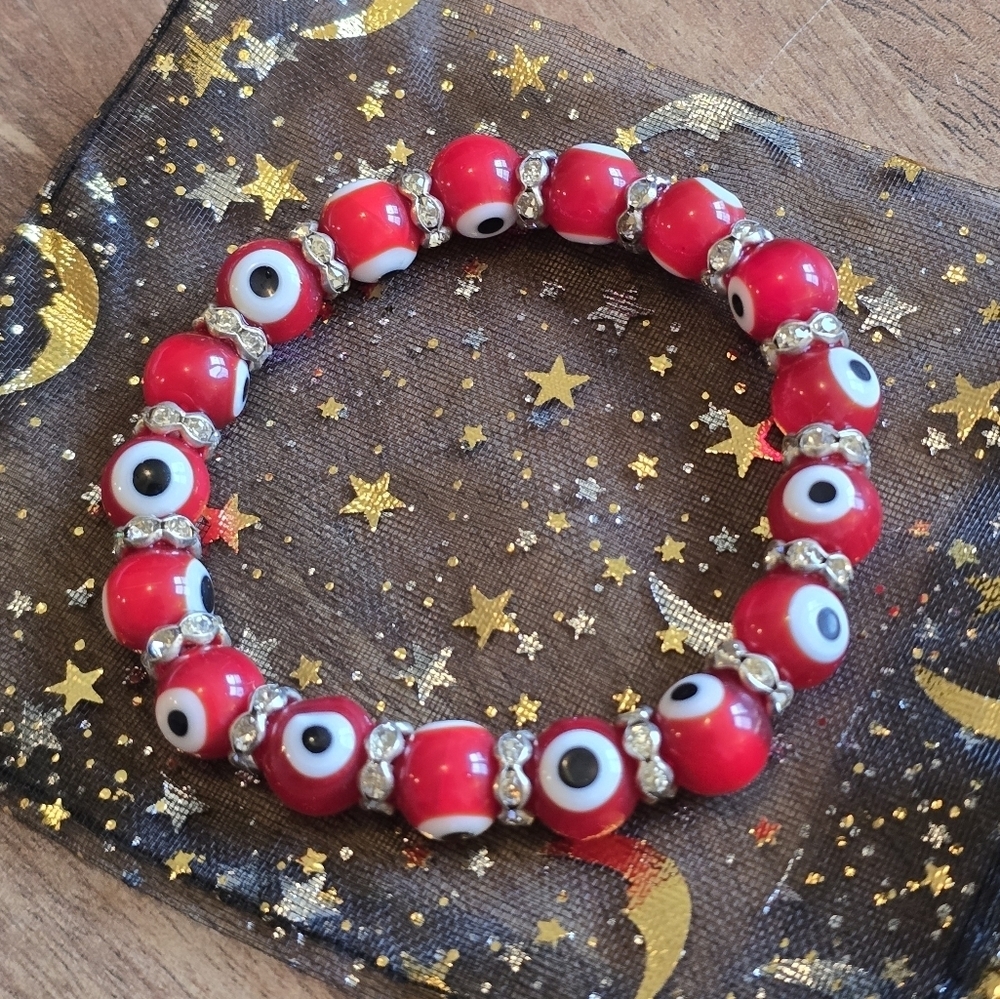 Colorful Turkish Glass Bead Evil Eye Stretch Bracelet with Crystal - Picture 4 of 4